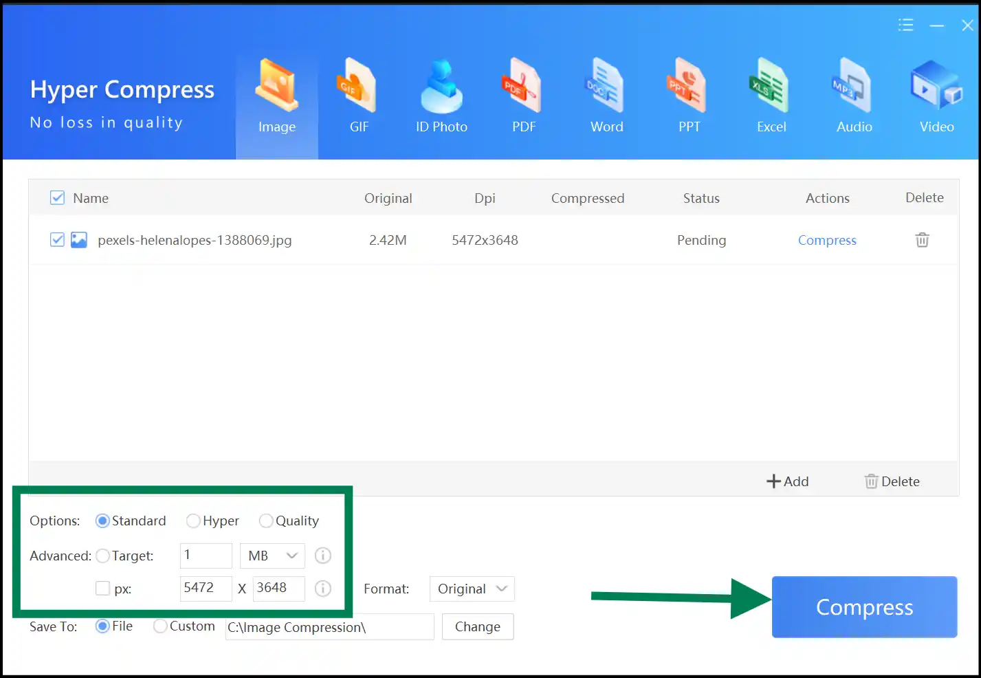 Select custom size and dimensions to shrink image file size on Windows with Zipking