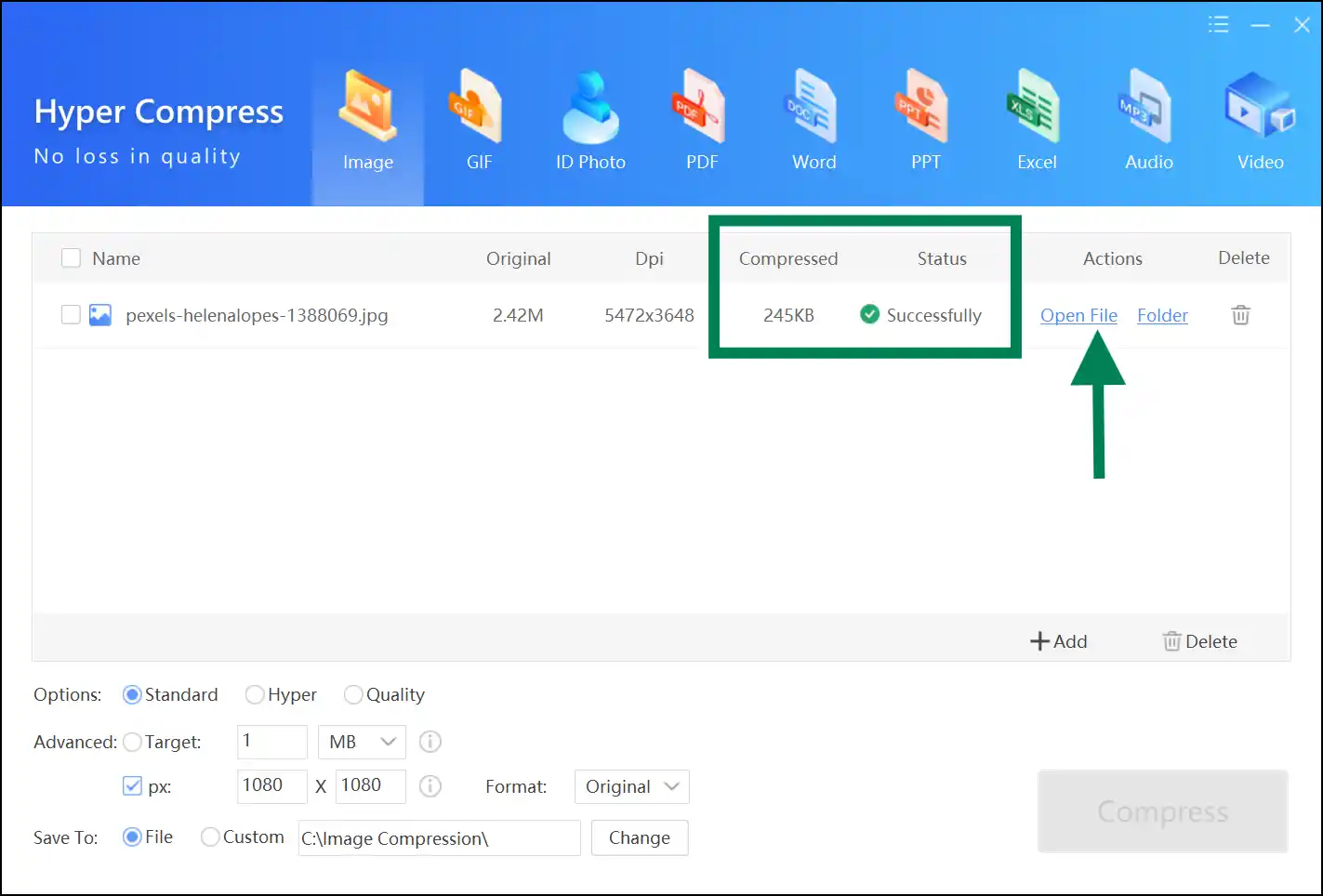 Access reduced image file size on Windows with WMaster Zipking