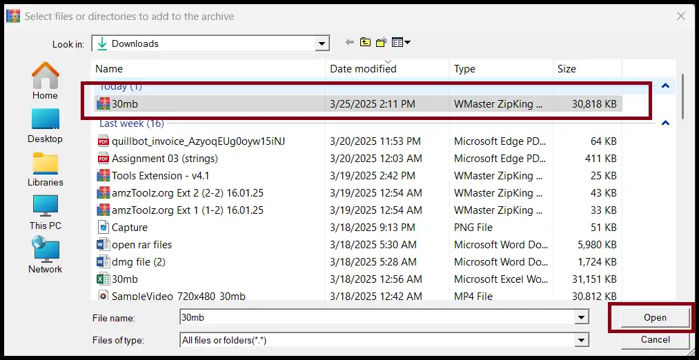 Select zip file and click open to reduce size of zip file