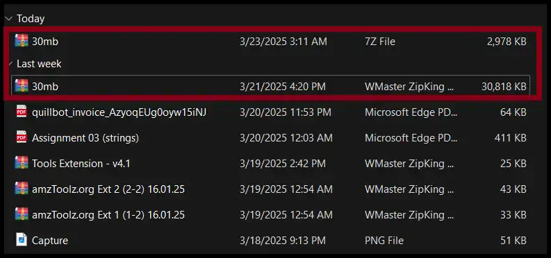 Access the newly created archive file with reduced zip file content