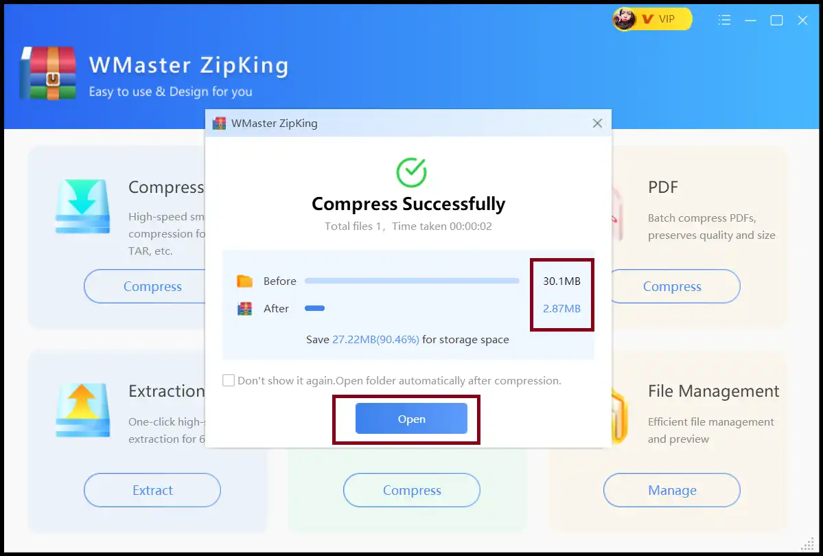 Access your newly compressed zip file in 7z format