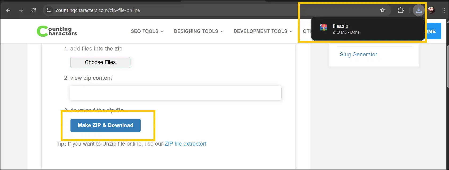 Tap on Make ZIP & Download to make ZIP archive