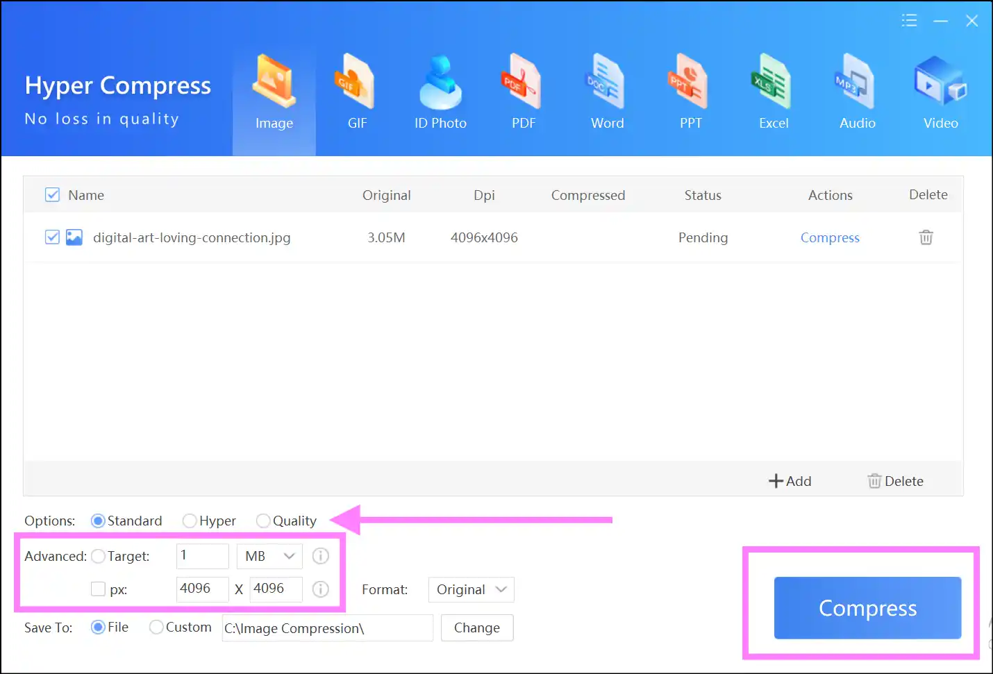 Input desired compression level and sizes to minimize JPEG file size on Windows