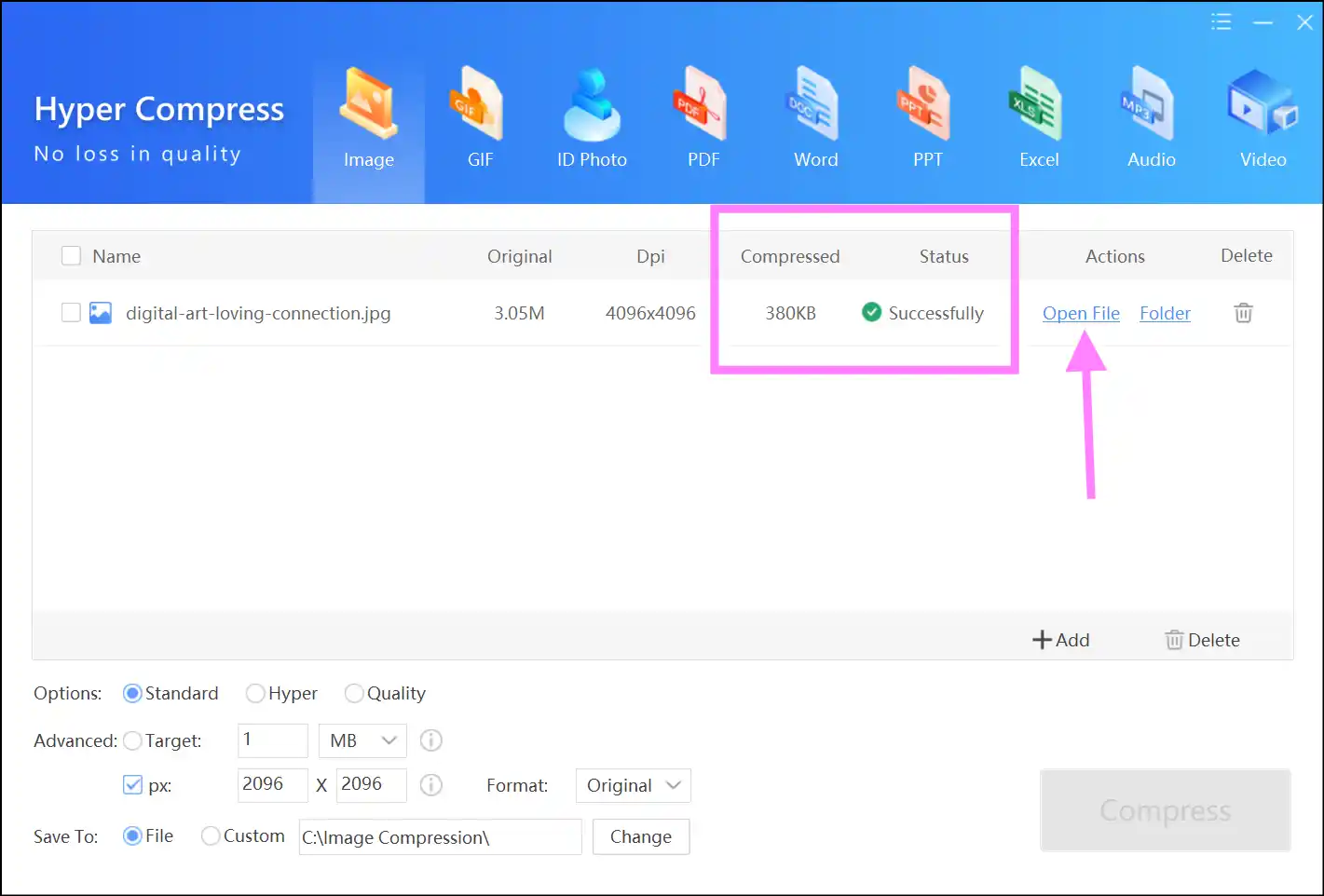 Access the minimized JPEG file on Windows using Zipking