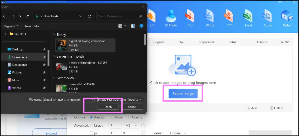 Upload JPEG files to minimized file size on Windows using Zipking