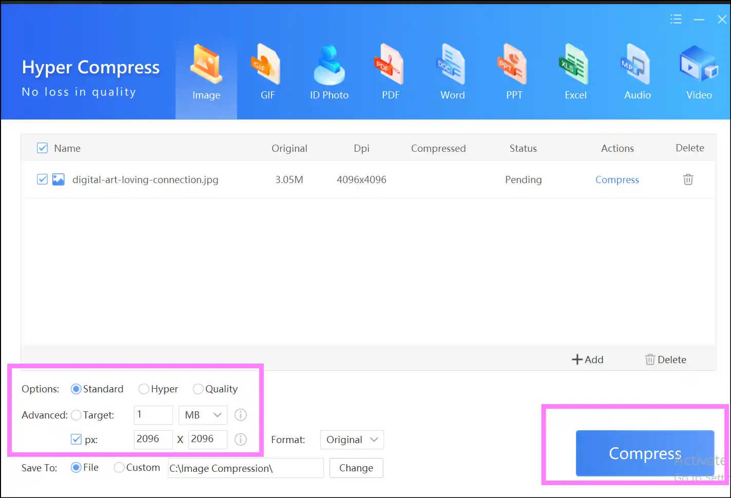 Select compression level and file size to minimize JPEG on Windows
