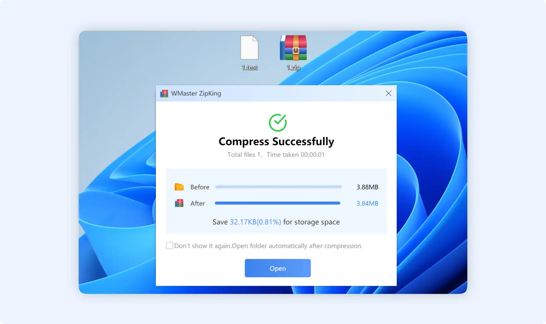 zip files automatically and show you to open the package
