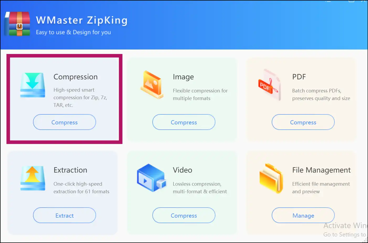 Launch WMaster Zipking and press compress to zip multiple files on Windows