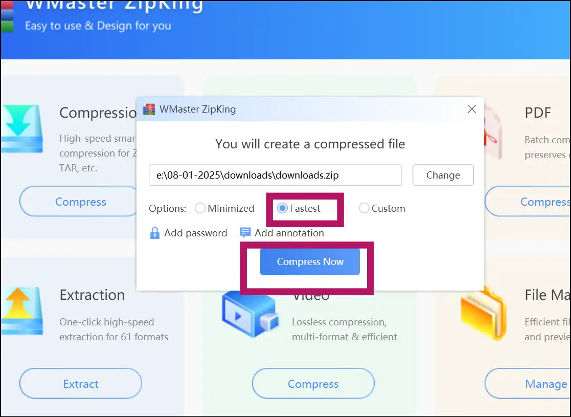 Select compression level to compress multiple file on Windows
