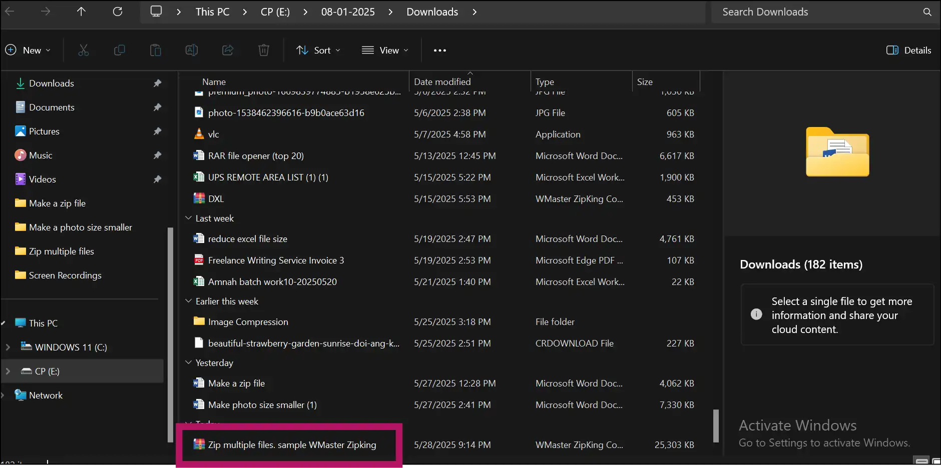 Access your Zip archive containing multiple selected files on Windows