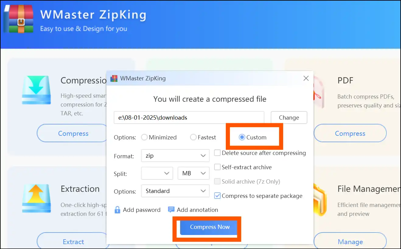 Tap on Custom to select compress to separate package